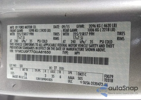 2016 Ford Escape S from USA, damaged, VIN 1FMCU0F77GUA81650